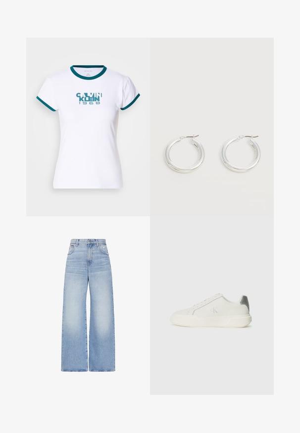 Camiseta blanca de manga corta con cuello y puños acanalados en teal. Presenta el logotipo "CALVIN KLEIN 1968" en teal en el frente. Material de algodón.; Vaqueros de pierna ancha de tiro alto azul claro con cierre frontal de botón y cremallera, bolsillos delanteros y traseros, y un ligero detalle desgastado en el bolsillo derecho.; Zapatilla blanca de cuero con textura suave, que presenta un acento plateado en el talón, suela plana y un diseño minimalista.; Par de pendientes de aro plateados brillantes de tamaño mediano con cierres metálicos finos sobre un fondo neutro claro.