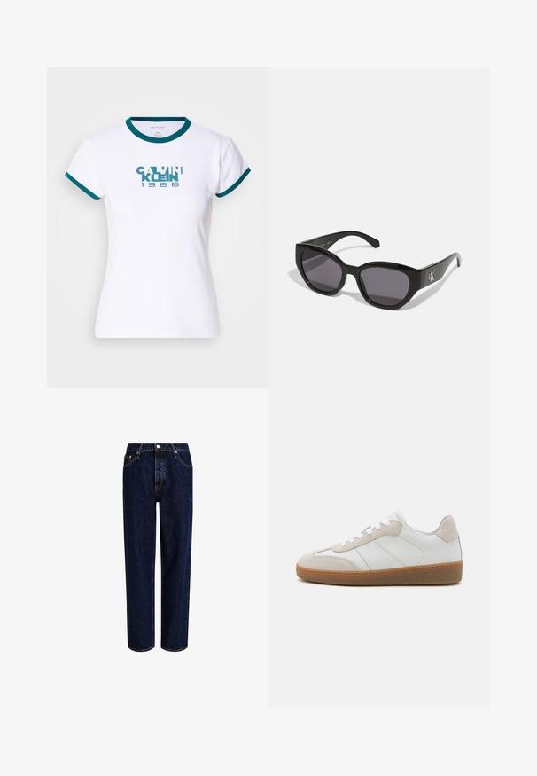 Camiseta blanca de manga corta con cuello y puños acanalados en teal. Presenta el logotipo "CALVIN KLEIN 1968" en teal en el frente. Material de algodón.; Jeans de mezclilla azul oscuro con un diseño de pierna recta, que presentan una cintura alta, estilo de cinco bolsillos y costuras en contraste. Sin adornos.; Deportivas de cuero blanco con acentos de ante beige, lengua texturizada y suela de goma. Presenta cordones blancos y detalles sutiles de costura.; Gafas de sol negras con un diseño elegante y angular, lentes oscuros y un logo plateado en contraste en el lateral. Textura de plástico suave.