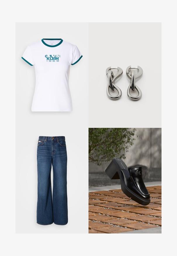 Hvid kortærmet t-shirt med teal ribbet krave og manchetter. Har "CALVIN KLEIN 1968" logo i teal på fronten. Lavet af bomuldsmateriale.; Bredde jeans lavet af mørkeblåt denim. Funktioner inkluderer en høj talje, fem lommer og kontrasterende orange syninger langs sømmene.; Sort læder Calvin Klein slip-on mule med blokhæl, der hviler på trætøj udendørs nær en grøn plante og en grå væg.; Par af sølvtonede metale øreringe med abstrakt sammenflettet løbedesign på hvid baggrund.