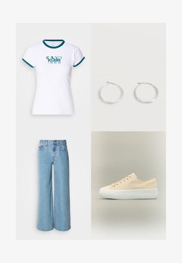 Valge lühikeste varrukatega t-särk, millel on teal värvi ribavarrukad ja krae. Kesisel esiküljel on teal värvi logo "CALVIN KLEIN 1968". 100% puuvill.; Heledad sinised laiad teksad, mis on valmistatud denimist, kõrgendatud taljega, viie tasku disainiga ja kerge pleekimisega kangal.; Beežikas lõuendist madala varrega toss valge paksu kummipõhjaga ja tagasihoidliku "CK" logoga küljel.; Hõbedased metallist rõngakujulised kõrvarõngad, millel on sile, kergelt kaarduv pind ja lukustuvad tagused kinnitused, valgel taustal.