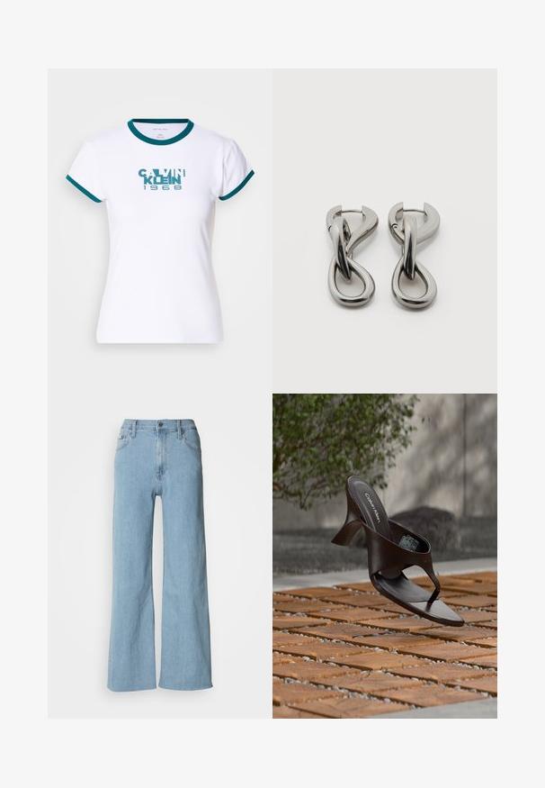 Valkea lyhythihainen t-paita, jossa on turkoosi ribbikuvio kauluksessa ja hihoissa. Edessä on turkoosi "CALVIN KLEIN 1968" -logo. Puuvillakangasta.; Vaaleansiniset leveät farkut, joissa on istuva vyötärö, viisi taskua ja huomaamattomat ompeluyksityiskohdat.; Ruskea Calvin Klein -merkkinen korkokenkäinen varvastossu roikkuu puulattialaattojen ja sorapinnan yläpuolella, taustalla sumeaa kasvillisuutta ja kiviä.; Pari hopeanvärisiä metallikorvakoruja, joissa on abstrakti toisiinsa kietoutuva lenkkimuoto valkoisella taustalla.