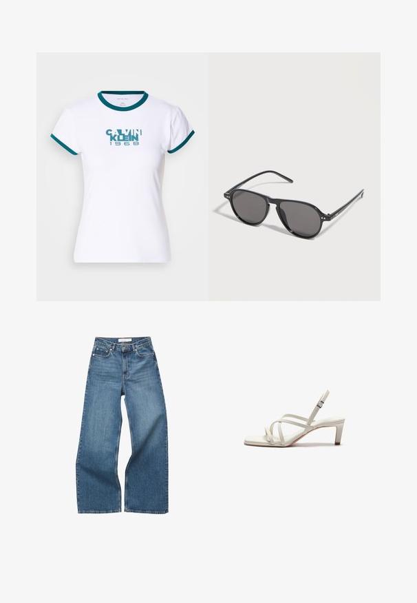Witte t-shirt met korte mouwen en teal kleurige ribboord aan de kraag en mouwen. Voorzien van het logo "CALVIN KLEIN 1968" in teal op de voorkant. Gemaakt van katoen.; Blauwe wijde spijkerbroek met hoge taille, voor- en achterzakken, riemlussen en knoopsluiting.; Zign Klassieke pumps - off white; Zwarte zonnebril met ronde monturen en donker getinte glazen, rustend op een wit oppervlak, licht naar rechts gekanteld.