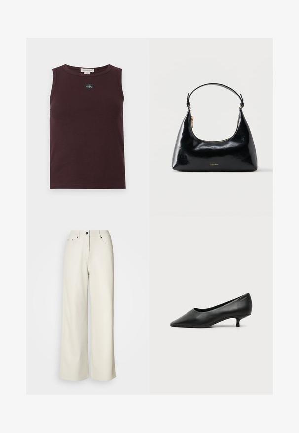 Haut sans manches bordeaux en tissu côtelé, avec un patch logo noir, un col rond et une coupe ajustée. Texture lisse et finition soignée.; Pantalons larges de couleur crème en tissu lisse. Dotés d'une taille mi-haute, d'une fermeture éclair et de deux poches avant avec des accents en matériel noir.; Escarpin femme en cuir noir à petit talon, bout pointu et petit talon kitten sur fond clair uni.; Sac à main Calvin Klein noir brillant avec fermeture éclair dorée et anse courte sur fond blanc uni.