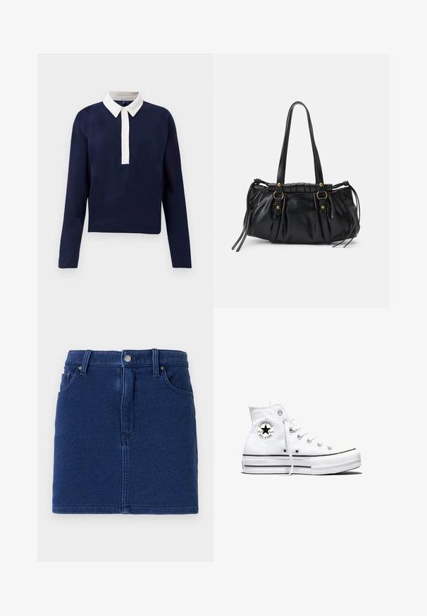 Pull-over marine à manches longues, avec un col blanc et une patte de boutonnage. Fabriqué en tissu doux, conçu pour un ajustement décontracté.; Jupe en denim bleu profond au design ajusté, fermeture par boutons à l'avant et deux poches sur les côtés. Présente des coutures visibles et un ourlet droit.; Baskets montantes blanches Converse Chuck Taylor All Star avec patch logo noir et lacets blancs, présentées sur fond blanc.; Sac à main en cuir noir avec une forme arrondie, deux poignées, des accents en matériel décoratif et des détails de liens sur les côtés. Texture lisse et brillante.