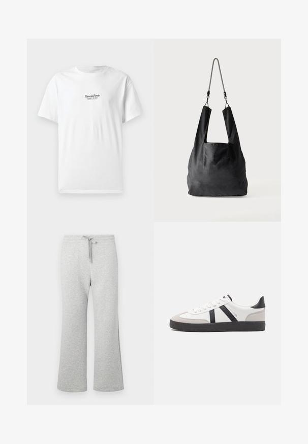 Weißes Baumwoll-T-Shirt mit kurzen Ärmeln, das auf der Vorderseite den Text "Palmiera Pantó" und "VENICE BEACH" in schwarzer Schrift zeigt.; Hellgraue Sweatpants aus Baumwollmischung mit geraden Beinen, elastischem Bund, Kordelzug und Seitentaschen, flach auf weißem Hintergrund gezeigt.; Weiße Sneaker mit schwarz- und grau-aczenten, ausgestattet mit einer strukturierten grauen Zehenkappe, schwarzer Gummi-Sohle und flachen weißen Schnürsenkeln. Sauberes Design, minimalistische Stil.; Schwarze weiche Stofftragetasche mit breiten Griffen und einem dünnen schwarz-weißen geflochtenen Schulterriemen.