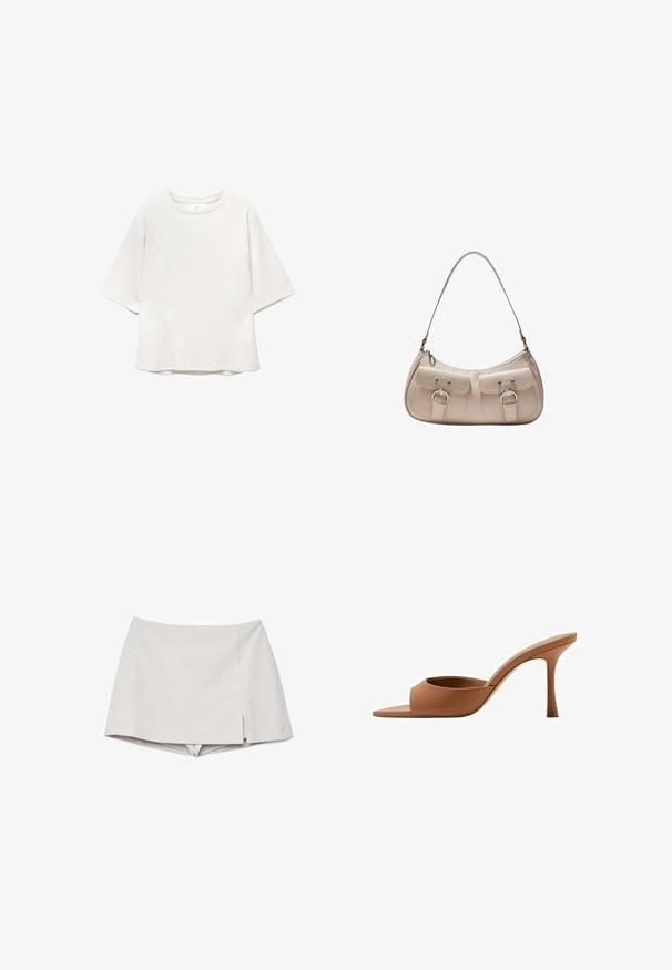 T-shirt blanc à manches courtes, col rond, avec des manches raglan et des détails de couture discrets sur le devant et les épaules, posé à plat sur un fond blanc.; Skort beige taille haute avec une petite fente à l'avant sur le côté droit, donnant l'apparence d'une jupe avec un short en dessous.; Mule ouverte en cuir marron avec un talon haut fin et une large bride à l'avant, vue de profil sur fond blanc.; Petit sac à bandoulière en cuir beige avec deux poches avant à rabat avec boucles et une seule bandoulière.