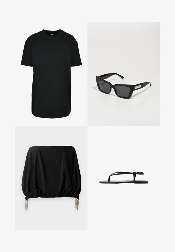 Schwarzes T-Shirt mit kurzen Ärmeln und Rundhalsausschnitt in Größe XS mit dem Etikett "Urban Classics" innen am Kragen.; Schwarzes, kurzes Oberteil mit gerafftem Design, featuring elastischen Saum und metallischen Clips als Akzenten. Hergestellt aus einem leichten Stoff.; Schwarze flache Sandale mit dünnen Doppelriemen, Knöchelriemen und T-Riemendesign auf schlichtem weißem Hintergrund.; Schwarze Sonnenbrille mit eckigem Rahmen, dunkel getönten Gläsern und einer strukturierten schwarzen Oberfläche. Mit einem silbernen Logo-Akzent an der Seite.