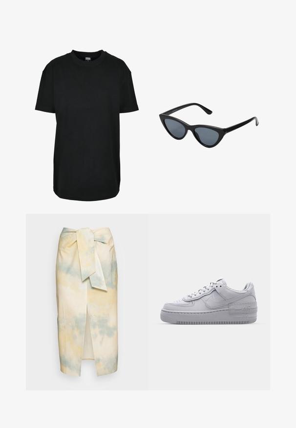 T-shirt noir à manches courtes avec col rond en taille XS, avec étiquette "Urban Classics" à l'intérieur du col.; EDITED LISSY SKIRT - Jupe crayon - mineral; Basket en cuir lisse gris Nike Air Force 1 avec un bout perforé, une semelle épaisse et un détail 'AIR' en relief sur le talon.; Lunettes de soleil noires en forme d'œil de chat avec des verres gris foncé, monture en plastique élégante, coins pointus et branches droites. Pas de métal visible ni d'accents.