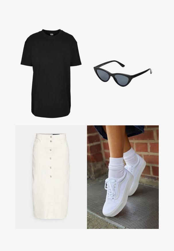 Schwarzes T-Shirt mit kurzen Ärmeln und Rundhalsausschnitt in Größe XS mit dem Etikett "Urban Classics" innen am Kragen.; Weiße Jeansrock in Midilänge, mit vorderem Knopfverschluss und fransigem Saum. Verfügt über zwei seitliche Taschen und eine glatte Textur.; Weiße Leinensneaker mit Gummisohlen, ausgestattet mit sechs Ösen, runder Zehenpartie und dezenten Nähten, kombiniert mit weißen Knöchelsocken.; Schwarze Cat-Eye-Sonnenbrille mit dunkelgrauen Gläsern, schlankem Kunststoffrahmen, spitzen Ecken und geraden Bügeln. Keine sichtbaren Befestigungen oder Akzente.