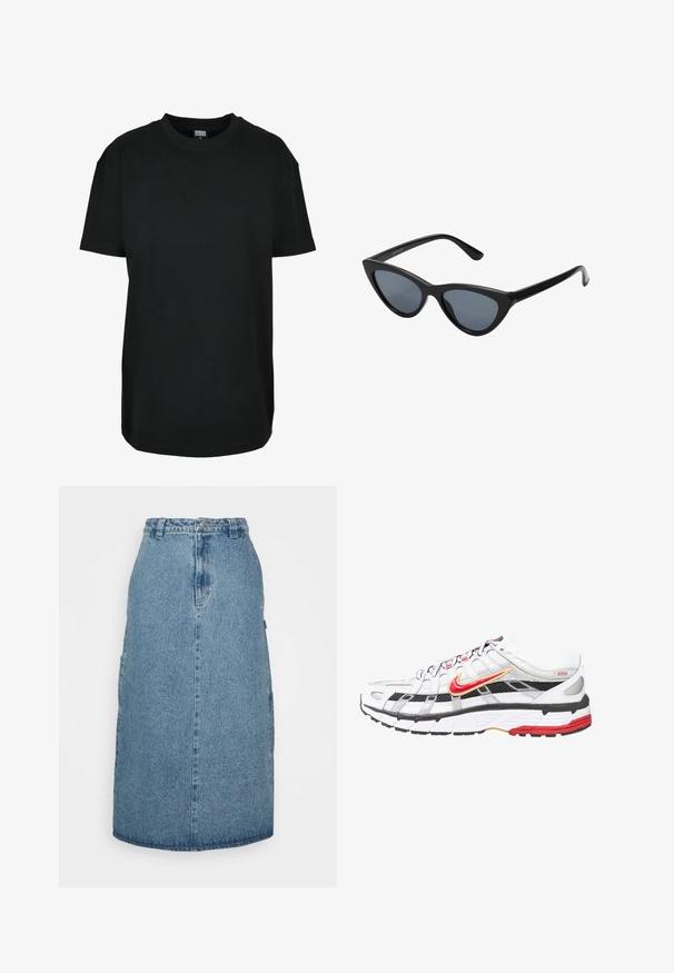 T-shirt noir à manches courtes avec col rond en taille XS, avec étiquette "Urban Classics" à l'intérieur du col.; Obey Clothing JUNIPER MIDI SKIRT - Jupe trapèze - stonewash indigo; Chaussures de sport blanches et noires avec des accents rouges et dorés. Elles possèdent une tige en mesh, une semelle rembourrée et un design de laçage sécurisé.; Lunettes de soleil noires en forme d'œil de chat avec des verres gris foncé, monture en plastique élégante, coins pointus et branches droites. Pas de métal visible ni d'accents.