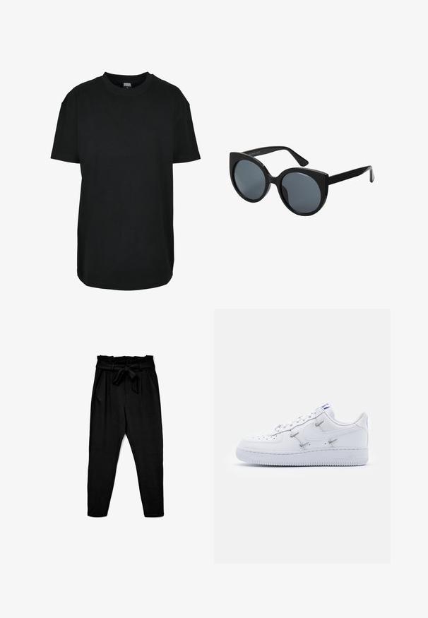 Zwart T-shirt met korte mouwen en ronde hals in maat XS met "Urban Classics" label aan de binnenkant van de kraag.; Zwarte high-waisted broek met een strikceintuur, voorzien van een zachte, gladde textuur en twee zijzakken; taps toelopend model.; Nike Sportswear AIR FORCE 1 - Sneakers laag - white/hyper royal/black; Zwarte oversized zonnebril met een kattenoogvorm, donkere getinte lenzen en een glanzend plastic montuur. Beschikt over dikke tempels voor extra ondersteuning.