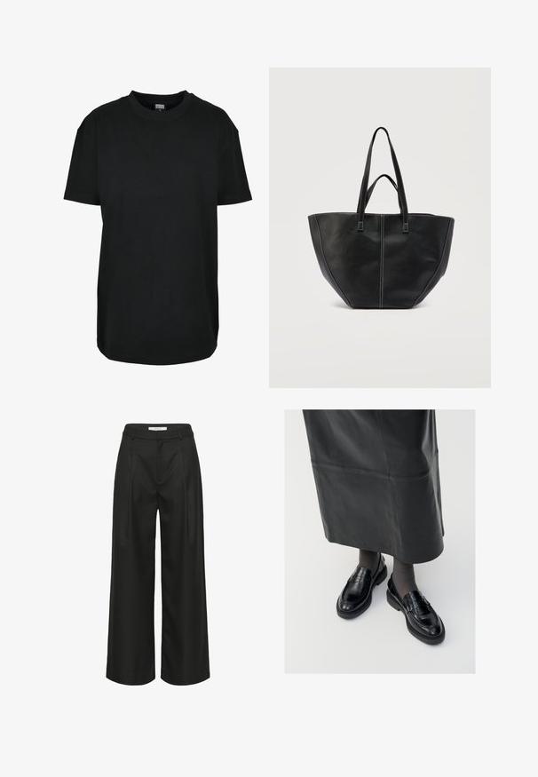 Schwarzes T-Shirt mit kurzen Ärmeln und Rundhalsausschnitt in Größe XS mit dem Etikett "Urban Classics" innen am Kragen.; Schwarze Hose mit weitem Bein und maßgeschneidertem Design, mit hoher Taille, vorne gelegten Falten und glatter Stoffstruktur. Geeignet für formelle Anlässe.; Schwarze Lederloafers mit glatter Oberfläche, verziert mit einem dekorativen Riemen, runder Zehenpartie und texturierten Sohlen. Getragen mit einem langen schwarzen Lederrock.; Schwarze Ledertasche mit zwei Griffen und kontrastierend weißer Naht, mit einer breiten, strukturierten Form und zentralen Nahtdetails.