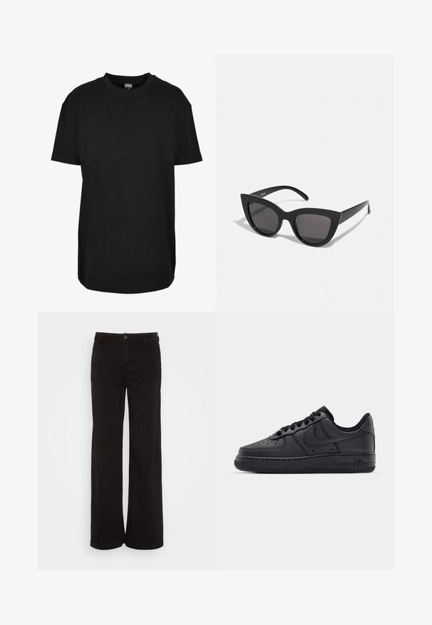 Čierne tričko s krátkym rukávom a okrúhlym výstrihom vo veľkosti XS s nápisom "Urban Classics" na vnútornej strane goliera.; American Eagle BAGGY WIDE LEG - Široké nohavice - black wash; Čierne kožené tenisky s perforovanou špičkou, plochými šnúrami a gumovou podrážkou. Obsahujú malé logo na boku a textúrované detaily.; Čierne slnečné okuliare v štýle mačacích očí s matným povrchom, so šedými tónovanými sklami, ostrými hranami a elegantnými bokovými ramenami. Názov značky je viditeľný na vnútornom ramene.