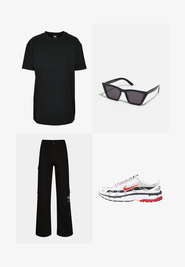 Zwart T-shirt met korte mouwen en ronde hals in maat XS met "Urban Classics" label aan de binnenkant van de kraag.; Zwarte cargo pants met een losse pasvorm, gemaakt van duurzaam materiaal. Bevat zijzakken en witte logo-details op het been.; Witte en zwarte sportschoenen met rode en gouden accenten. Beschikt over een mesh bovenwerk, een gevoerde zool en een veilige vetersluiting.; Zwarte, hoekige zonnebril met grijze lenzen; gemaakt van plastic, met dikke armen met een gladde oppervlakte en zonder zichtbare hardware.