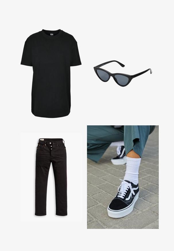 Μαύρο κοντομάνικο T-shirt με στρογγυλή λαιμόκοψη σε μέγεθος XS με ετικέτα "Urban Classics" μέσα στον γιακά.; Μαύρα ψηλόμεσα τζιν παντελόνια με κουμπιά, μπροστινές και πίσω τσέπες, και λεπτομέρειες από χαλκό σε λευκό φόντο.; Μαύρο σουέτ sneaker με λευκές λεπτομέρειες και κορδόνια, με παχύ λευκό πάτο και αντίθετη ραφή, συνοδευόμενο από λευκή κάλτσα.; Μαύρα γυαλιά ηλίου cat-eye με σκούρους γκρίζους φακούς, κομψό πλαστικό σκελετό, μυτερές γωνίες και ίσιους βραχίονες. Χωρίς ορατό υλικό ή διακοσμητικά στοιχεία.
