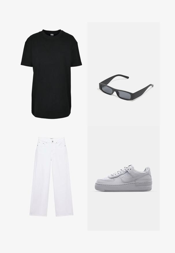 Schwarzes T-Shirt mit kurzen Ärmeln und Rundhalsausschnitt in Größe XS mit dem Etikett "Urban Classics" innen am Kragen.; Weiße, hoch taillierte Jeans mit weitem Bein, Knopf- und Reißverschluss, Taschen vorne und hinten sowie silbernen Nieten.; Graue Nike Air Force 1 Sneaker mit perforierter Zehenpartie, Obermaterial aus glattem Leder, dicker Sohle und geprägtem 'AIR'-Detail an der Ferse.; Schwarze rechteckige Sonnenbrillen mit dunklen Gläsern und dicken matten Rahmen. Die Bügel sind leicht verjüngt und haben eine glatte Oberfläche.