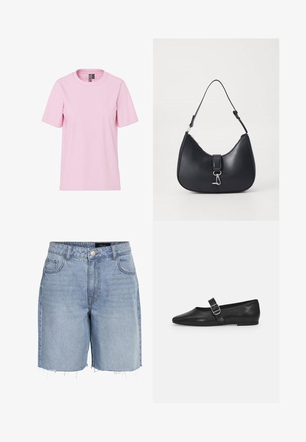 Lyserød T-shirt med korte ærmer, rund halsudskæring, lige kant og synlig mærkeindlæg i kraven.; Lysblå denimshorts med høj talje, fem lommer, frayed kant og klassisk knaplukning. Fremstillet af blødt, struktureret stof.; Sorte læder flade sko med rund tå, et enkelt justerbart spænde og en glat, blank overflade. Minimalistisk design med en lav hæl.; Pieces PCLIKA SHOULDER BAG - Håndtasker - black