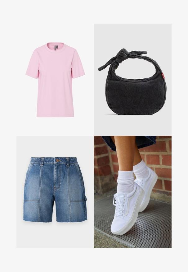 Lyserød T-shirt med korte ærmer, rund halsudskæring, lige kant og synlig mærkeindlæg i kraven.; Lysblå denim shorts med rå kant, der har en tætsiddende talje, bæltesløjfer og to forlommer.; Hvide lærreds sneakers med gummisåler, der har seks snørehuller, rund tå og let sømdetaljer, krydret med hvide ankelstrømper.; Lille sort denim skuldertaske med knyttet rem og lynlåslukning, med en rød Levi's stofetiket på siden.