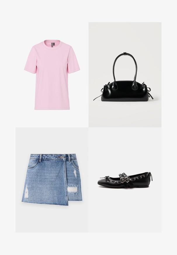 Lyserød T-shirt med korte ærmer, rund halsudskæring, lige kant og synlig mærkeindlæg i kraven.; Lysblå denim miniskørt med slidte områder og distressed detaljer. Har en frontknaplukning og traditionelt fem-lommer design.; Sort flad balletsko med dobbelt spænde, sølvøjer og en lille sløjfe nær den runde tå på en hvid baggrund.; Lille sort blank håndtaske med to lange håndtag og snøre-detaljer i siden på en ensfarvet lys baggrund.