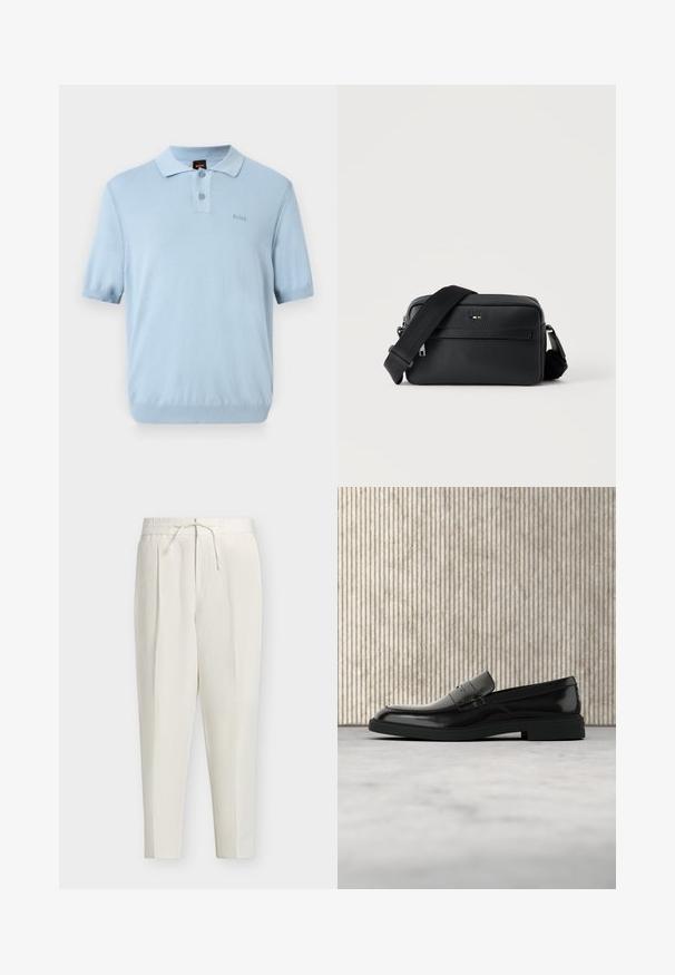 Polo bleu clair à manches courtes avec deux boutons et un petit logo "BOSS" sur la poitrine gauche.; Pantalon écru fuselé avec taille élastique, plis devant et cordon réglable à la taille.; Mocassin en cuir noir poli flottant au-dessus d'un tapis beige avec un mobilier translucide orange en arrière-plan.; Sac bandoulière en cuir noir texturé avec poche avant zippée et bandoulière large en tissu réglable sur fond blanc.