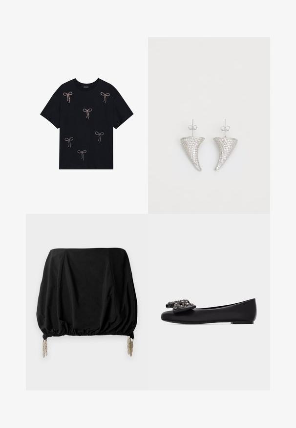 Schwarzes Baumwoll-T-Shirt mit mehreren mit Strass verzierten Schleifenmotiven auf der Vorderseite. Rundhalsausschnitt und kurze Ärmel.; Schwarzes, kurzes Oberteil mit gerafftem Design, featuring elastischen Saum und metallischen Clips als Akzenten. Hergestellt aus einem leichten Stoff.; Schwarzer Ballettschuh aus Leder mit einer dekorativen Schleife, die mit metallischen Nieten an der Spitze verziert ist, seitlich auf weißem Hintergrund dargestellt.; Silberne, hornförmige Ohrringe, besetzt mit kleinen klaren Steinen, mit einem Steckverschluss zur Befestigung. Glatte Textur und metallisches Finish.