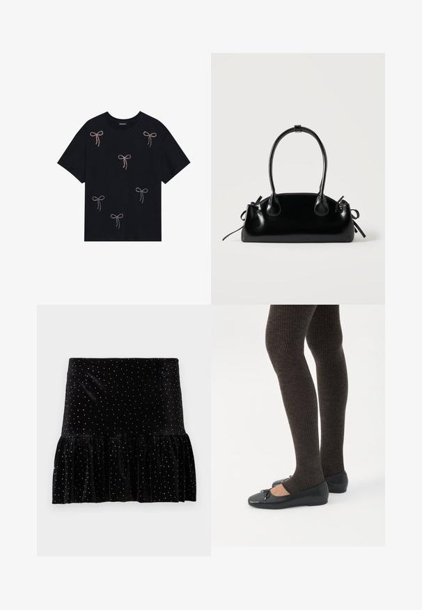 T-shirt en coton noir avec plusieurs motifs de nœuds embellis de strass sur le devant. Col rond et manches courtes.; Jupe en velours noir avec un ourlet froncé, ornée de pois argentés. Présente une taille ajustée et une texture douce.; Jambes portant des leggings côtelés foncés associés à des ballerines noires avec de petits détails en nœud sur fond blanc.; Petit sac à main noir brillant avec deux longues anses et des détails à cordon sur les côtés sur un fond clair uni.