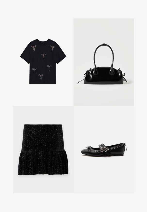 Schwarzes Baumwoll-T-Shirt mit mehreren mit Strass verzierten Schleifenmotiven auf der Vorderseite. Rundhalsausschnitt und kurze Ärmel.; Schwarzer Samtrock mit einem gerafften Saum, verziert mit silbernen Punkten. Verfügt über eine taillierte Taille und eine weiche Textur.; Schwarzer flacher Ballettschuh mit doppelten Schnallenriemen, silbernen Ösen und einer kleinen Schleife nahe der abgerundeten Spitze auf weißem Hintergrund.; Kleine schwarze glänzende Handtasche mit zwei langen Griffen und seitlichen Kordelzug-Details vor einfachem hellem Hintergrund.
