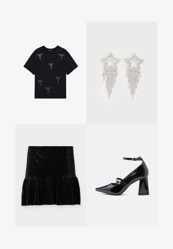 Schwarzes Baumwoll-T-Shirt mit mehreren mit Strass verzierten Schleifenmotiven auf der Vorderseite. Rundhalsausschnitt und kurze Ärmel.; Schwarzer Samtrock mit einem gerafften Saum, verziert mit silbernen Punkten. Verfügt über eine taillierte Taille und eine weiche Textur.; Schwarze Lackleder-Pumps mit spitzem Zeh, zwei Knöchelriemen, quadratischem Blockabsatz und goldenen Schnallenakzenten. Glatte, glänzende Oberfläche.; Glitzernde Sternohrringe mit herabhängendem Fransen-Detail, in silberner Farbe und mit einer glänzenden, reflektierenden Oberfläche. Sternform mit filigranem Design.