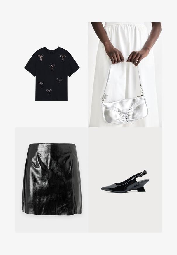 T-shirt en coton noir avec plusieurs motifs de nœuds embellis de strass sur le devant. Col rond et manches courtes.; Mini jupe en simili cuir noir brillant avec des détails de couture subtils et une légère fente avant sur fond blanc.; Chaussure slingback en cuir verni noir avec bout pointu et petit talon bloc incliné sur fond clair uni.; Sac à main en métal argenté avec un détail à lacets, arborant un design épuré et une courte sangle. Le sac est tenu dans les mains, mettant en valeur sa texture.