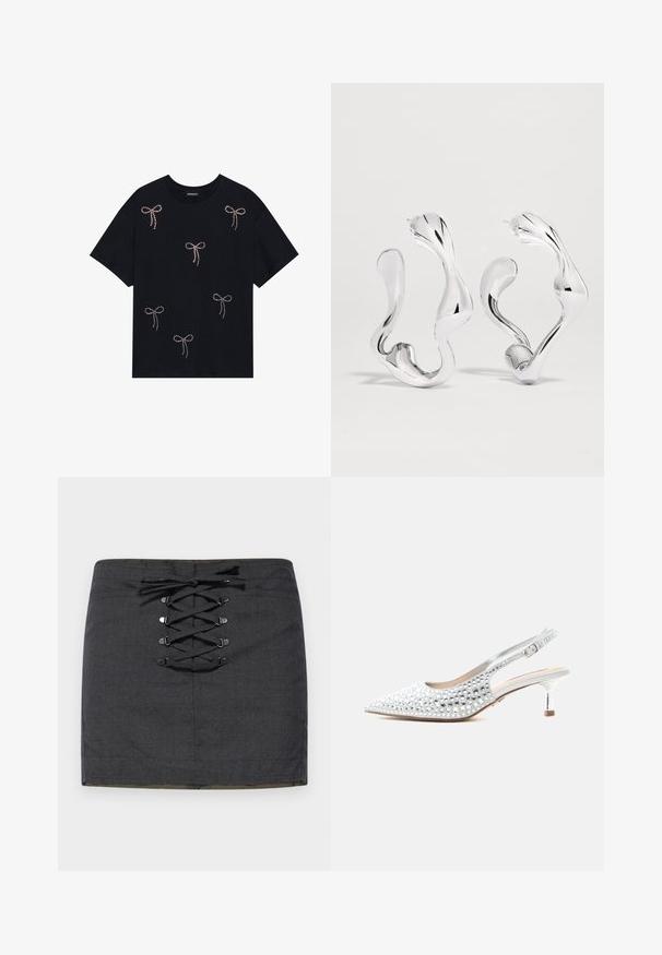 Sort bomulds t-shirt med flere rhinsten-belagte sløjfe-dekorationer på forsiden. Runde halsudskæring og korte ærmer.; Mørkegrå mini nederdel med snøredetalje foran og metallhardware. Glat tekstur, tætsiddende pasform og mid-rise talje.; Sølv slingback kitten heel sko med spids tå og glitrende rhinsten pynt på overdelen.; Øreringe i sølvtonede abstrakte bølgede hoops med en glat, reflekterende overflade og uregelmæssige organiske former.