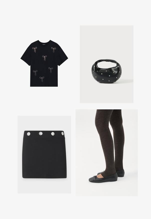 Zwarte katoenen t-shirt met verschillende strikontwerpen, versierd met rhinestones, over de voorkant. Ronde hals en korte mouwen.; Zwarte minirok met brede tailleband, voorzien van vier grote zilveren metalen oogjes gelijkmatig verdeeld langs de bovenrand.; Benen met donkere geribbelde leggings gecombineerd met zwarte ballerina's met kleine strikdetails op een witte achtergrond.; Zwarte leren handtas met een afgeronde vorm, versierd met zilveren studs, en een korte handgreep. Gladde textuur en ritsluiting.