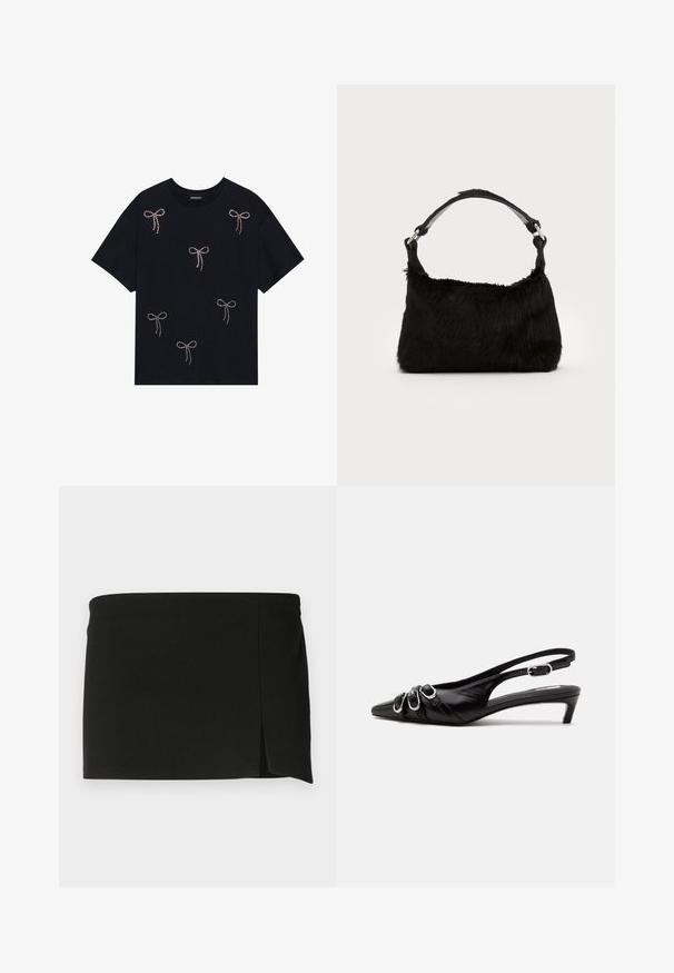 Schwarzes Baumwoll-T-Shirt mit mehreren mit Strass verzierten Schleifenmotiven auf der Vorderseite. Rundhalsausschnitt und kurze Ärmel.; Schwarzer Minirock mit geradem Schnitt und einem leichten Schlitz vorne. Hergestellt aus einem glatten, elastischen Stoff für Komfort und optimale Passform.; Schwarzer Lederslingback mit spitzer Spitze, drei silbernen Schnallen vorne und niedrigem Kittenabsatz auf weißem Hintergrund.; Schwarze Kunstfell-Handtasche mit weicher Textur, runder Form und einem stabilen schwarzen Leder-Schulterriemen. Sichtbare silberne Hardware-Akzente.