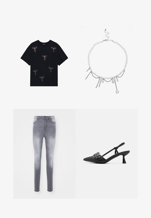 Schwarzes Baumwoll-T-Shirt mit mehreren mit Strass verzierten Schleifenmotiven auf der Vorderseite. Rundhalsausschnitt und kurze Ärmel.; Schmale Jeans aus ausgewaschenem grauem Denim mit hoher Taille, standardmäßigem Fünf-Taschen-Design und dezentem Waschungseffekt an der Vorderseite.; Simmi London DALA - Pumps - black; Halskette aus weißen Perlen mit Metallketten und Charms in Silberoptik, einschließlich eines Tropfenperlen- und Sternanhängers, mit einem Karabinerverschluss.