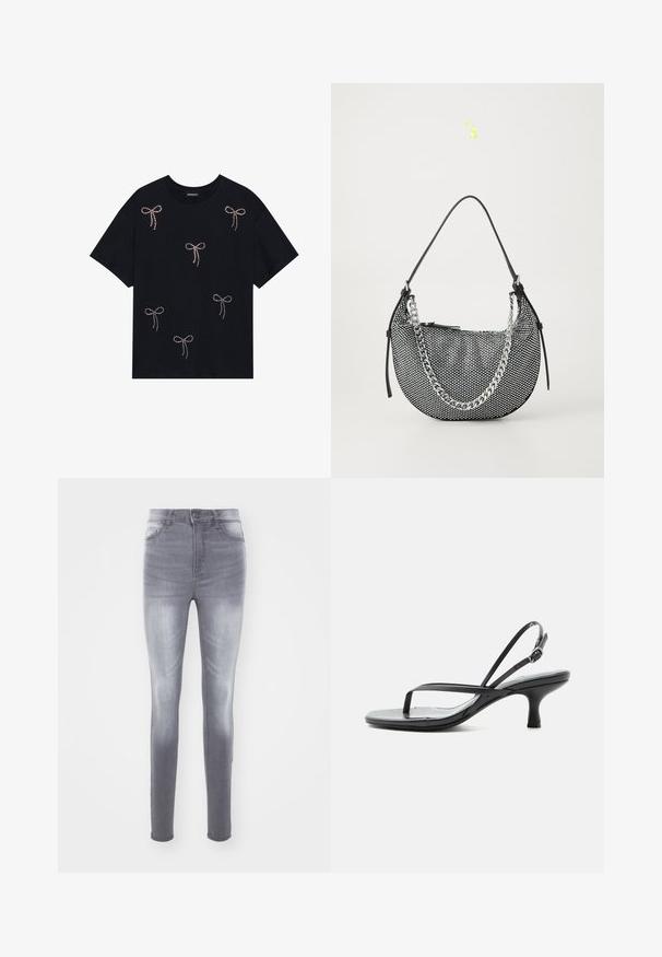 Schwarzes Baumwoll-T-Shirt mit mehreren mit Strass verzierten Schleifenmotiven auf der Vorderseite. Rundhalsausschnitt und kurze Ärmel.; Schmale Jeans aus ausgewaschenem grauem Denim mit hoher Taille, standardmäßigem Fünf-Taschen-Design und dezentem Waschungseffekt an der Vorderseite.; Schwarze Sandale mit dünnen Riemchen, niedrigem Kittenabsatz, dünner Zehenschlaufe und verstellbarem Knöchelriemen mit silberner Schnalle, vor weißem Hintergrund.; Schwarze Mesh-Handtasche in Halbmondform, mit einem silbernen Kettenriemen und schwarzen Lederakzenten. Texturierte Oberfläche mit einem Reißverschluss.