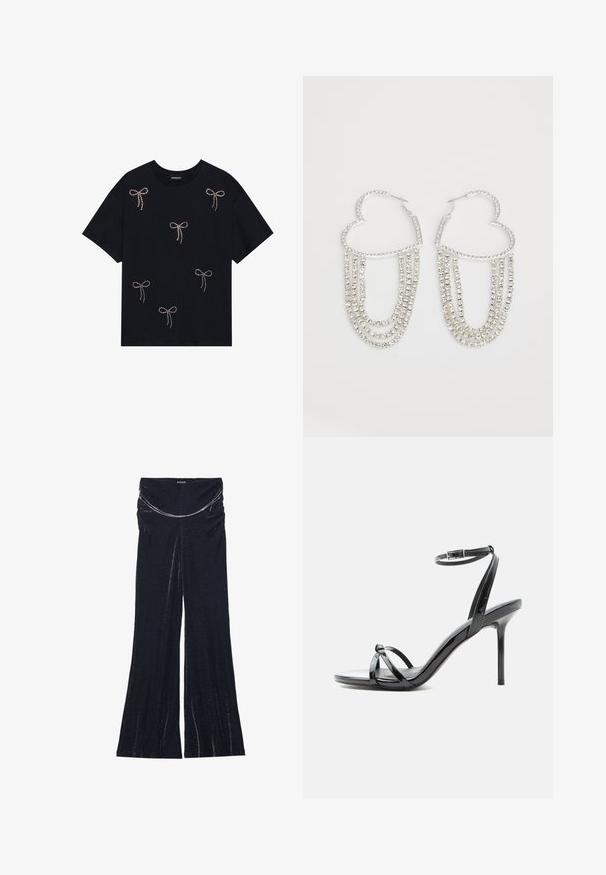 Schwarzes Baumwoll-T-Shirt mit mehreren mit Strass verzierten Schleifenmotiven auf der Vorderseite. Rundhalsausschnitt und kurze Ärmel.; Even&Odd Tall Stoffhose - black / silver; Schwarze Sandale aus Lackleder mit hohen Absätzen, dünnen Riemen über den Zehen und einem Knöchelriemen mit Schnalle auf weißem Hintergrund.; Silberne Creolen in Herzform, verziert mit herabhängenden Strängen aus klaren Strasssteinen für zusätzlichen Glanz und Textur.