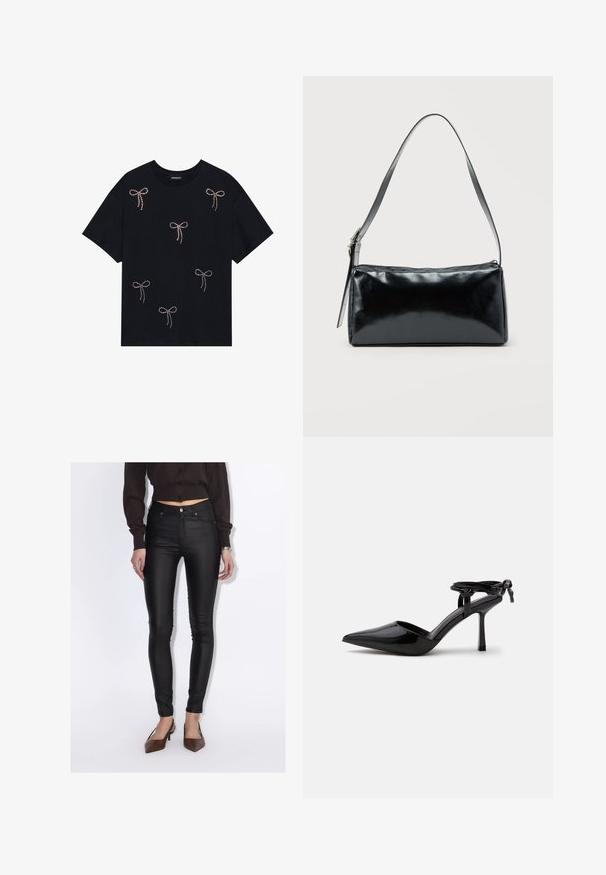 Schwarzes Baumwoll-T-Shirt mit mehreren mit Strass verzierten Schleifenmotiven auf der Vorderseite. Rundhalsausschnitt und kurze Ärmel.; Frau trägt schwarze, hoch taillierte Skinny-Hosen, ein kurz geschnittenes dunkelbraunes Hemd mit Knöpfen und braune spitze Schuhe mit Absatz.; Schwarzer Lackleder-Pumps mit spitzer Zehenpartie und Knöchelriemen, hinten zu einem Knoten gebunden, gezeigt auf weißem Hintergrund.; Schwarze rechteckige Schultertasche mit einem verstellbaren Riemen und einem oberen Reißverschluss vor einfachem Hintergrund.