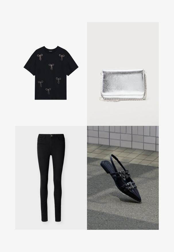 Sort bomulds t-shirt med flere rhinsten-belagte sløjfe-dekorationer på forsiden. Runde halsudskæring og korte ærmer.; Sorte skinny jeans med frontknap og lynlåslukning, bæltestropper og fem-lomme design på neutral baggrund.; Sort flad sandal med spids tå, flere remme med spænder og slingback, placeret over et belagt underlag og flisevæg som baggrund.; Lille rektangulær sølvfarvet metal pung med kæderem, der hviler på en lys overflade, lukket klap vendt fremad.