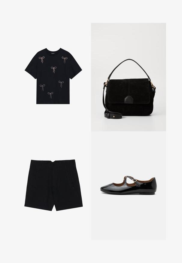 Schwarzes Baumwoll-T-Shirt mit mehreren mit Strass verzierten Schleifenmotiven auf der Vorderseite. Rundhalsausschnitt und kurze Ärmel.; Schwarze Shorts aus einem glatten Stoff, mit Seitentaschen, taillierter Passform und strukturierten Falten an der Vorderseite für eine saubere Silhouette.; Schwarzer Mary Jane flacher Schuh aus Lackleder mit zwei Ausstanzungen und einem goldfarbenen Schnallenriemen auf weißem Hintergrund.; Schwarze Wildleder-Handtasche mit einem Lederakzent, ausgestattet mit einem Klappenverschluss, einem oberen Griff und einem verstellbaren Schulterriemen. Glatte Textur, minimalistisches Design.