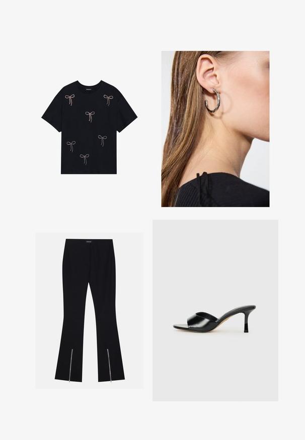 Schwarzes Baumwoll-T-Shirt mit mehreren mit Strass verzierten Schleifenmotiven auf der Vorderseite. Rundhalsausschnitt und kurze Ärmel.; Schwarze, ausgestellte Hosen aus dehnbarem Material, mit zwei Reißverschlussdetails an den Unterschenkeln. Schlichtes Design mit klassischer Passform.; Schwarze Leder-Pumps mit hohen Absätzen und offenem Zehenbereich sowie einem breiten, geschwungenen Oberriemen. Glatte Textur und schlanker Silhouette.; Silberne Creolen mit polierter Oberfläche, die kleine goldene Akzentdetails und eine runde Form aufweisen, am Ohrläppchen getragen.