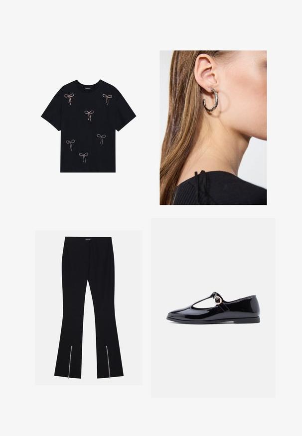 Schwarzes Baumwoll-T-Shirt mit mehreren mit Strass verzierten Schleifenmotiven auf der Vorderseite. Rundhalsausschnitt und kurze Ärmel.; Schwarze, ausgestellte Hosen aus dehnbarem Material, mit zwei Reißverschlussdetails an den Unterschenkeln. Schlichtes Design mit klassischer Passform.; Schwarzer Mary Jane Schuh aus Lackleder mit rundem Zehenbereich, T-Riemen, goldfarbenem runden Metallakzent, flacher Sohle und glattem, glänzendem Finish.; Silberne Creolen mit polierter Oberfläche, die kleine goldene Akzentdetails und eine runde Form aufweisen, am Ohrläppchen getragen.