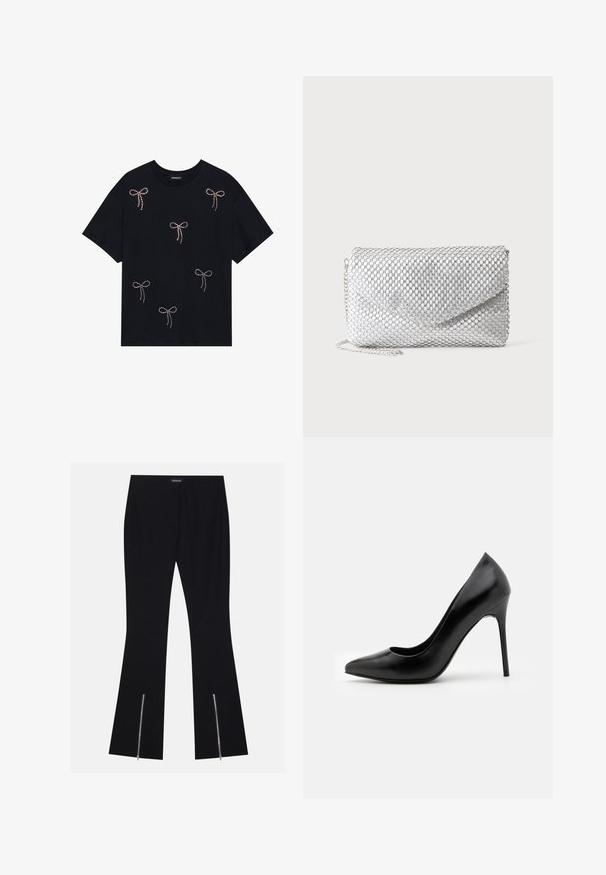 Schwarzes Baumwoll-T-Shirt mit mehreren mit Strass verzierten Schleifenmotiven auf der Vorderseite. Rundhalsausschnitt und kurze Ärmel.; Schwarze, ausgestellte Hosen aus dehnbarem Material, mit zwei Reißverschlussdetails an den Unterschenkeln. Schlichtes Design mit klassischer Passform.; Schwarze Leder-Pumps mit hohen Absätzen, spitz zulaufender Zehenpartie und glatter Textur. Verfügt über einen schmalen Stiletto-Absatz und ein tief ausgeschnittenes Obermaterial.; Silberne Mesh-Abendclutch mit Umschlagklappe und dünnem Kettenriemen auf einfarbigem weißem Hintergrund.
