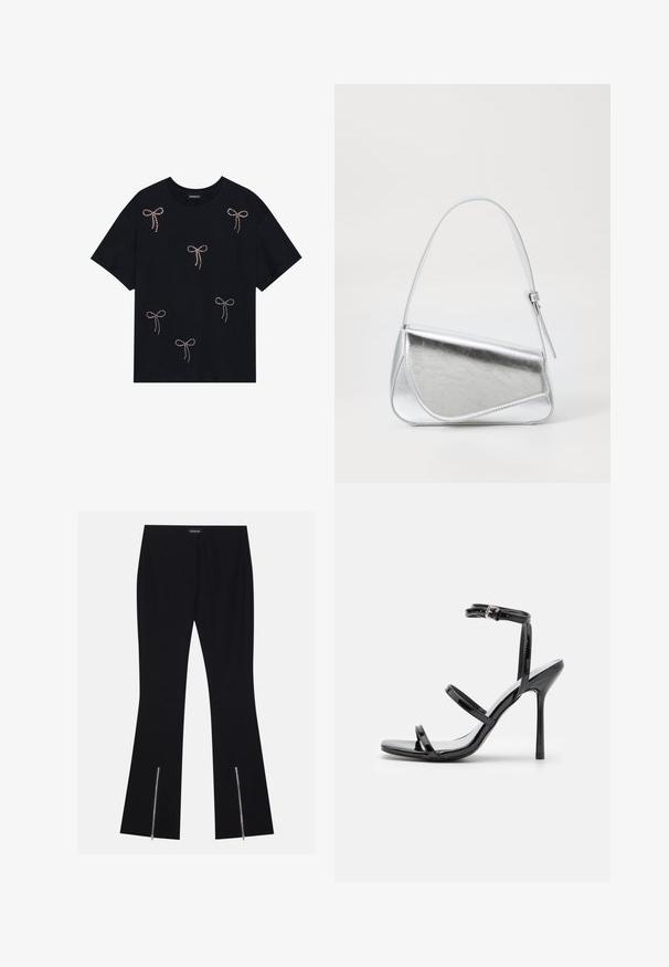 Schwarzes Baumwoll-T-Shirt mit mehreren mit Strass verzierten Schleifenmotiven auf der Vorderseite. Rundhalsausschnitt und kurze Ärmel.; Schwarze, ausgestellte Hosen aus dehnbarem Material, mit zwei Reißverschlussdetails an den Unterschenkeln. Schlichtes Design mit klassischer Passform.; Schwarze Lackleder-High-Heel-Sandalen mit drei horizontalen Riemen und einem verstellbaren Knöchelriemen. Schlanke Silhouette und glänzende Oberfläche.; Silberfarbene metallische Handtasche mit dreieckiger Form, glatter Textur und einem dünnen, verstellbaren Schultergurt. Sie verfügt über ein umklappbares Design mit Nähten.