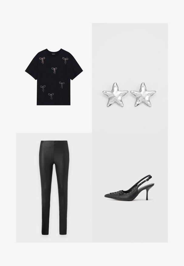 Schwarzes Baumwoll-T-Shirt mit mehreren mit Strass verzierten Schleifenmotiven auf der Vorderseite. Rundhalsausschnitt und kurze Ärmel.; Dehnbare schwarze Kunstlederhose mit schmaler Passform, seitlichen Taschen und glatter Textur, entworfen für eine schlanke Silhouette.; Schwarzer Leder-Slingback-Stiletto mit spitzem Zehenaufsatz, seitlichem Schnallenriemen, Nieten entlang der Kante und dekorativer Schnürung vorne.; Silberne sternförmige Ohrringe mit einer polierten, glänzenden Oberfläche. Jeder Ohrring hat fünf Spitzen und dezente Oberflächentexturdetails.
