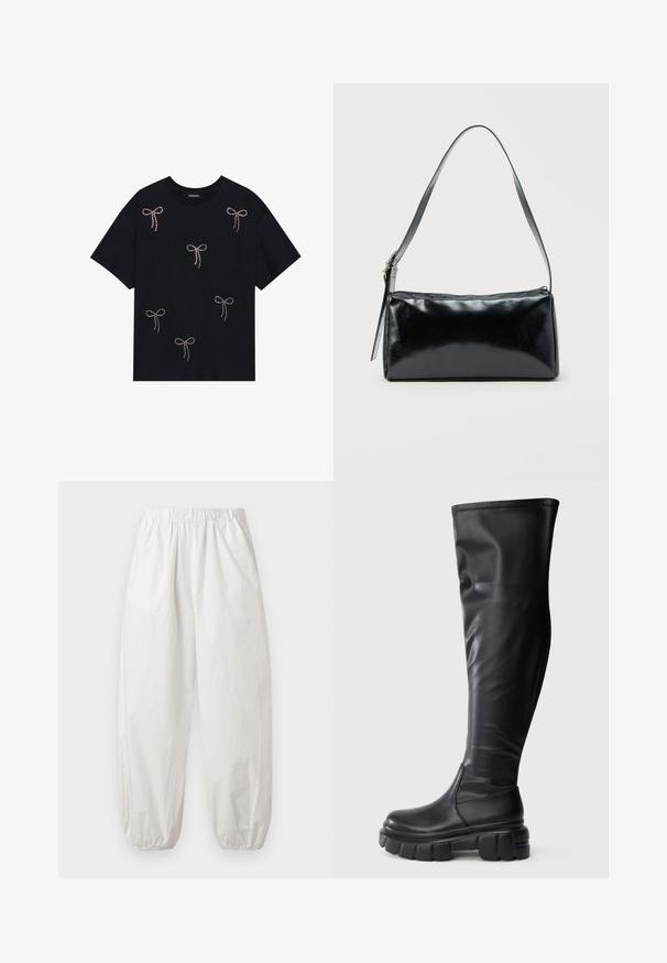 Schwarzes Baumwoll-T-Shirt mit mehreren mit Strass verzierten Schleifenmotiven auf der Vorderseite. Rundhalsausschnitt und kurze Ärmel.; Lockere weiße Hose mit elastischem Bund und Bündchen, aus leichtem Stoff, fotografiert vor einfachem hellem Hintergrund.; Schwarze kniehohe Stiefel aus glattem Kunstleder. Dicke, klobige Gummiplattformsohle mit abgerundeter Zehe und zum Hineinschlüpfen.; Schwarze rechteckige Schultertasche mit einem verstellbaren Riemen und einem oberen Reißverschluss vor einfachem Hintergrund.