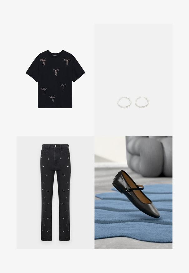 Schwarzes Baumwoll-T-Shirt mit mehreren mit Strass verzierten Schleifenmotiven auf der Vorderseite. Rundhalsausschnitt und kurze Ärmel.; Schwarze Jeans mit geradem Bein und silbernen, kleinen Stickereien von Bienen, die gleichmäßig über die Vorderseite verteilt sind.; Schwarzer Mary-Jane-Schuh aus Leder mit Schnallenriemen, präsentiert auf einem strukturierten blauen Teppich, mit einem unscharfen grauen, gepolsterten Sofa im Hintergrund.; Ein Paar silberne Creolen mit dezenten eingravierten Details, auf einem schlichten weißen Hintergrund platziert.