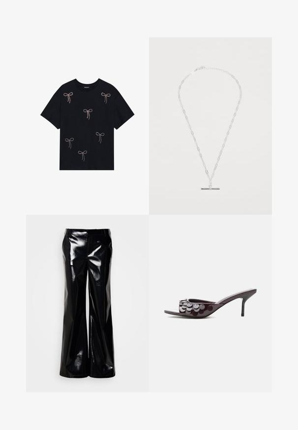 Schwarzes Baumwoll-T-Shirt mit mehreren mit Strass verzierten Schleifenmotiven auf der Vorderseite. Rundhalsausschnitt und kurze Ärmel.; Schwarze, weit geschnittene Hose aus glänzendem, glänzendem Material; verfügt über eine glatte Textur und einen maßgeschneiderten Bund ohne sichtbare Verschlüsse oder Verzierungen.; Dunkellila offene Mule mit mittelhohem Stilettoabsatz und runden Paillettenverzierungen am oberen Riemen.; Silberne Halskette mit elongated Kettengliedern und einem eleganten Bar-Pendant, das eine glatte Textur und polierte Oberfläche aufweist. Verstellbarer Verschluss.