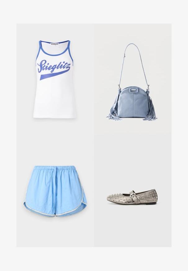 Hvid tanktop med blå kant og en stor blå "Stieglitz" grafik på forsiden. Fremstillet af glat, letvægtsstof.; Lyseblå dame-shorts med elastisk talje, snøre og hvid kant langs de buede kanter på ensfarvet baggrund.; Grå fladsko med rund tå, prydet med metalliske nitter og en sidesnor med en sølvspænde detalje. Glat tekstur.; Lyseblå læder skuldertaske med lang rem og frynser på begge sider, med central lodret syning og en lille top-håndtagsdetalje.