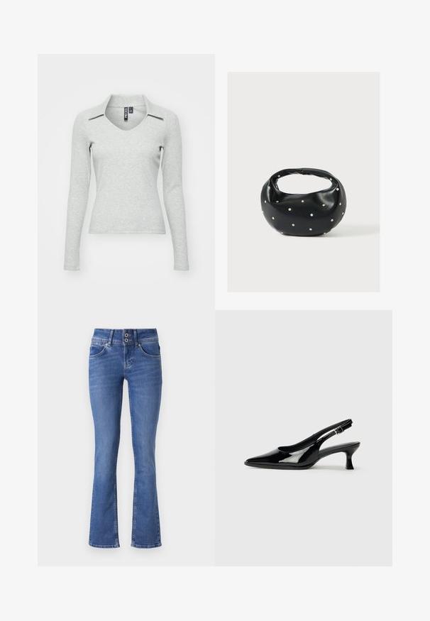 Haut gris clair à manches longues, en V avec col, fabriqué dans un tissu doux et texturé, présentant une coupe ajustée et un minimum de détails.; Jeans en denim bleu avec une coupe évasée, dotés d'une fermeture à deux boutons, de cinq poches et d'un léger effet délavé à l'avant.; Escarpins en cuir verni noir avec un bout pointu et un petit talon carré. Sangle réglable à la cheville avec boucle.; Sac à main en cuir noir de forme arrondie, décoré de clous argentés et équipé d'une poignée courte. Texture lisse et fermeture éclair.
