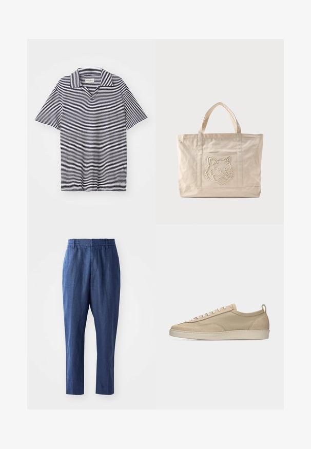 Polo rayé avec un col en V, présentant des bandes horizontales bleu marine et blanches, des manches courtes et un tissu doux et léger.; Pantalons en lin bleu marine avec une coupe décontractée, une taille élastique et des jambes fuselées. Caractérisés par une texture lisse et des détails de couture minimaux.; Baskets beige basses avec tige en tissu et daim, lacets blancs, semelle en caoutchouc et languette à l'arrière, présentées en profil latéral sur fond blanc.; Sac fourre-tout en toile beige avec doubles anses et un motif en relief de tête de loup sur la poche avant.