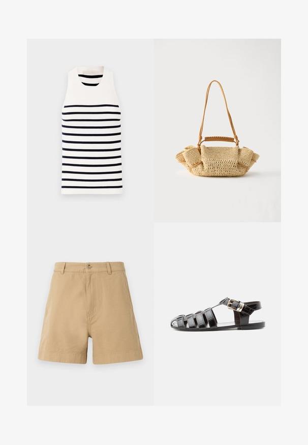 Vanessa Bruno EDEA - Débardeur - ecru/marine; Shorts beige en coton, avec un design classique, fermeture à bouton à l'avant et passants de ceinture. Texture lisse avec poches latérales.; Sandale de pêcheur en cuir noir avec bout ouvert, multiples brides et fermeture à boucle dorée sur une semelle plate, vue de profil.; Sac à main beige tressé avec une longue lanière fine et des côtés froncés, avec une petite poignée enveloppée de cuir pour différentes options de port.